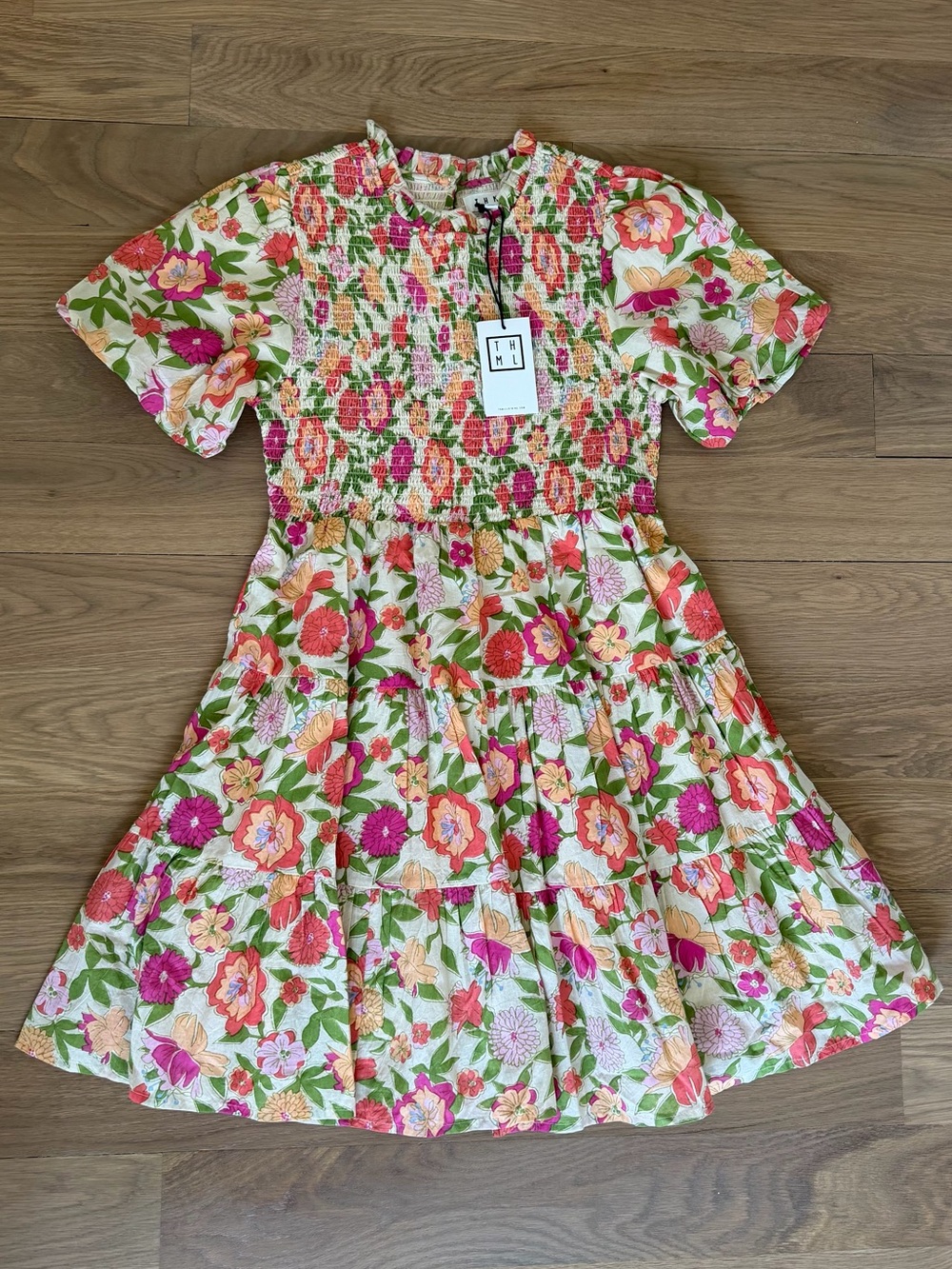 THML Floral Smocked Mini Dress in Pink, Green & Orange